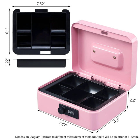 Medium Cash Box With Combination Lock, Built Tough Metal Money Safe With Removable Tray, Pink Finish, Dimensions 7.87 by 6.30 by 3.54 Inches