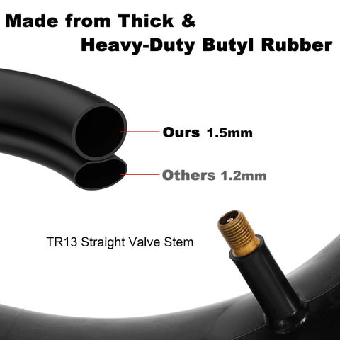 Close-up of Two Pack Heavy Duty 13x5.00-6 Inner Tubes With TR13 Straight Valve, showing 1.5mm thick butyl rubber.