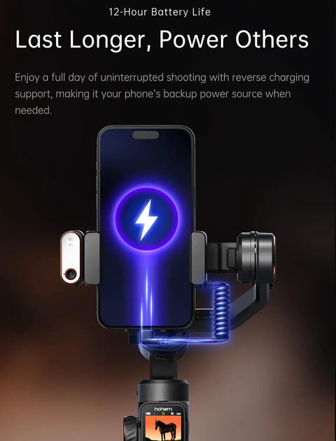 Smartphone Gimbal Stabilizer With 3 Axis Stabilization, Magnetic AI Tracker, phone charging on gimbal, illuminated screen, remote visible