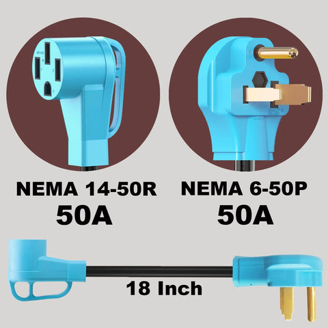 Heavy Duty NEMA 6-50P To 14-50R EV Charger Adapter Cord For Level 2 Charging, 6 Gauge Copper Wire, 180 Degree Bent Design