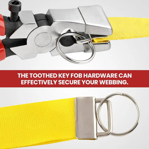 All In One Key Fob Hardware Kit With 40 Sets Of 1 Inch Fob Hardware And 8 Inch Pliers securing yellow webbing