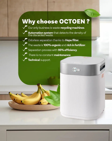 3L Electric Kitchen Composter With UV C Light Sanitizer And Auto Cleaning on kitchen counter with bananas and green text