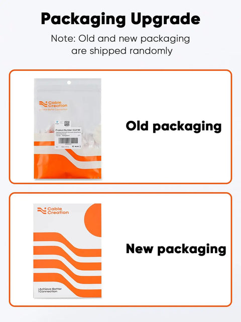 Image showing old and new packaging for 100 Pack Cat6 RJ45 Connectors For Solid And Stranded UTP Ethernet Cables Crimp On Ends Transparent Clear Finish.