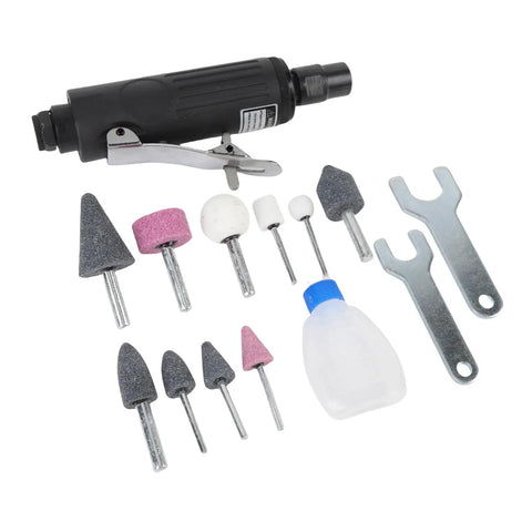 Real Deal Pneumatic Die Grinder Kit With Quarter Inch Chuck Aluminum Build And Comfortable Silicone Grip For Low Vibration Shop Work Smooth Operation On Auto Panels And Metal Fabrication Tasks including grinding heads and accessories