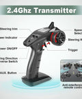 2.4Ghz transmitter for All Terrain 1:16 RC Truck With Dual 7.4V 1000mAh Batteries, featuring detailed functions and controls.