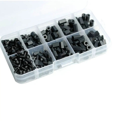 300 Pc M3 Black Nylon Hex Nuts And Hex Standoff Screws Kit With Non Conductive Plastic Spacers For Sized Electronic Components Home DIY Projects Tech Repairs And Electroplating Setups in organizer box