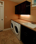 18 Inch Plug In Under Cabinet Lighting With 1000 Lumen LED 5 Foot Cord Dual USB Ports 120V 3 Prong Outlet And 3000K 4000K 5000K High Low Switch For Garage Workbench Kitchen installed in laundry room