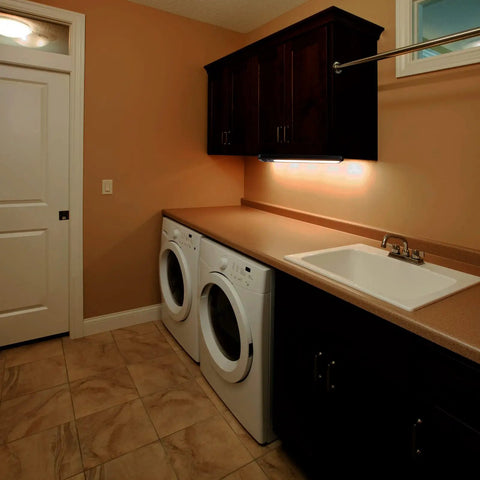 18 Inch Plug In Under Cabinet Lighting With 1000 Lumen LED 5 Foot Cord Dual USB Ports 120V 3 Prong Outlet And 3000K 4000K 5000K High Low Switch For Garage Workbench Kitchen installed in laundry room