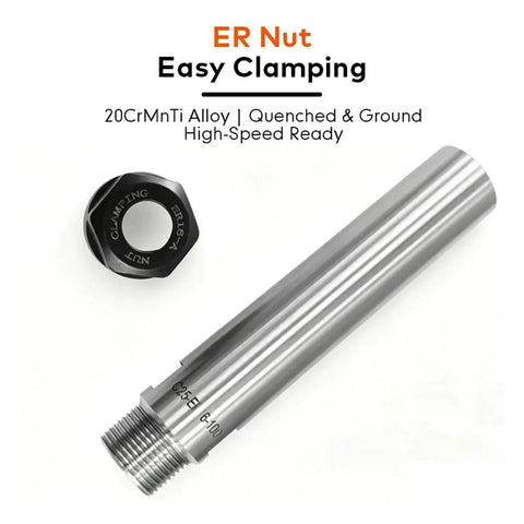 Heavy Duty ER Collet Extension With Straight Shank Covering C12 To 25 And ER11 To 25 Sizes For CNC Milling Lathes And Precision Metalworking Tradesman Gear next to an ER nut.
