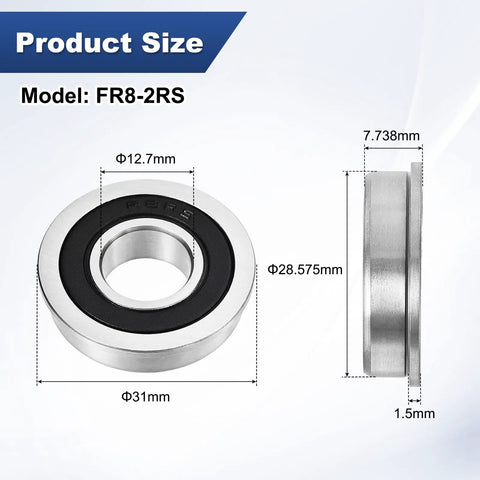 2 Pack FR8-2RS Flanged Ball Bearings 1/2 x 1-1/8 x 5/16 In Double Rubber Shielded Chrome Steel GCr15 dimensions shown