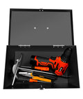 Tough And Compact Steel Metal Tool Box For Safely Storing Valuables, Key Documents, And Essential Garage Gear with tools inside