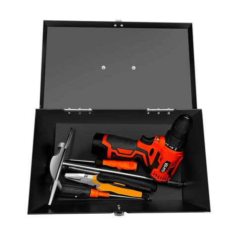 Tough And Compact Steel Metal Tool Box For Safely Storing Valuables, Key Documents, And Essential Garage Gear with tools inside
