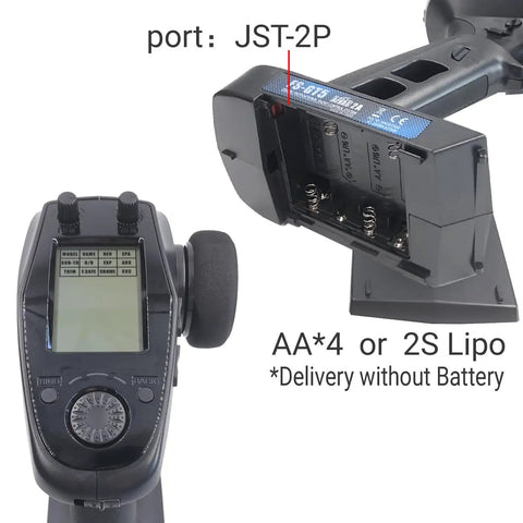 Close-up of 6 Channel RC Transmitter With FS BS6 Gyro Receiver 2.4GHz AFHDS2A, showing battery compartment and JST-2P port.