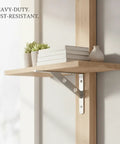 Heavy Duty Wall Mount Shelf Bracket Stainless Steel L Bracket supporting a wooden shelf with decor items, silver finish.