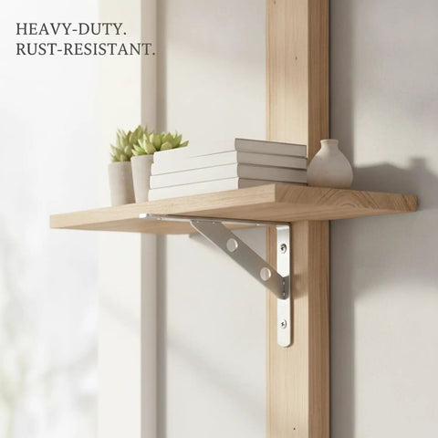 Heavy Duty Wall Mount Shelf Bracket Stainless Steel L Bracket supporting a wooden shelf with decor items, silver finish.