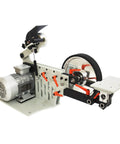 Pro Level Heavy Duty Belt Sander And Knife Grinder With Variable Speed Control, Smooth Rolling Grinding Wheel, Rock Solid Double Layer Workstand Built Tough For Steel Polish And Fine Woodwork 220V, side view showing motor and grinding wheel.