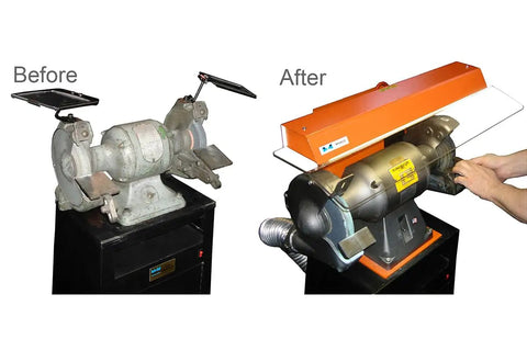 Kickass Dust Collection System For Eight Inch Angle Grinders with before and after comparison of dust collector upgrade.