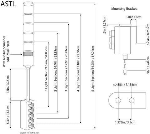 Technical diagram of 4 Stack LED Andon Tower Light With 8 ft 3 Prong Power Cord, Plug And Play, off steady signals, mounting bracket.