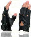 Men's Black Perforated Leather Motorcycle Gloves With Gel Padded Palm, Fingerless Open Knuckle, SH195, Extra Large