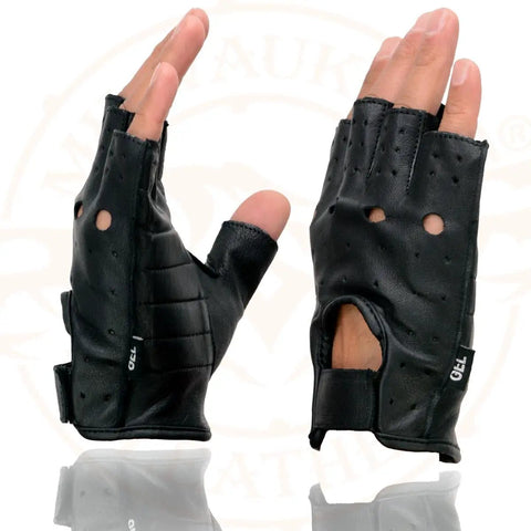 Men's Black Perforated Leather Motorcycle Gloves With Gel Padded Palm, Fingerless Open Knuckle, SH195, Extra Large