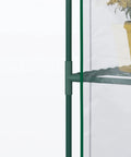 Close-up of Walk-In Portable Greenhouse Kit 5x2.5x6.5 Feet With Roll-Up Door, weatherproof clear cover, and three-tier shelves.
