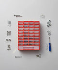 Industrial 33 Drawer Storage Cabinet With Removable Dividers And Transparent Polypropylene Drawers For Workshop Tools And Household Hardware Organization Shop Ready Garage Grade Heavy Duty Tool Chest And Customizable Small Parts Organizer, red front view