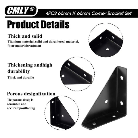 Rock Solid 4 Pack Corner Brace Brackets For Wood And Metal, 66mm black metal corner brackets with thick design for durable support.
