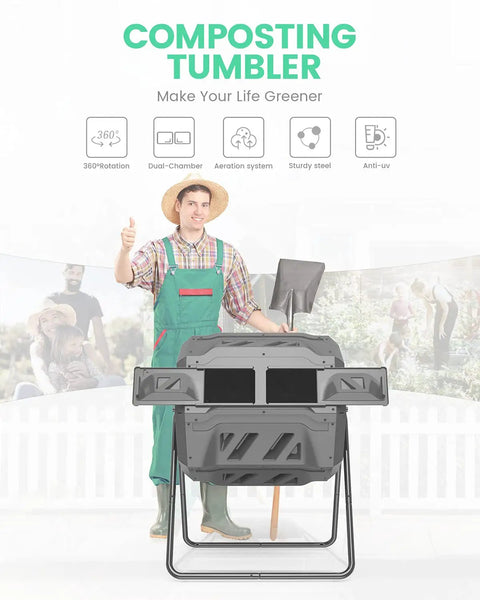 Front view of Dual Chamber Outdoor Compost Bin No Fuss 43 Gallon Capacity Rotating Aerated Compost Tumbler BPA Free Material.