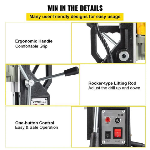 Heavy Duty Electric Magnetic Drill Press With Rock Solid Magnet Base Pro 1100 Watt Motor features ergonomic handle and one-button control.