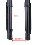 Close-up of Beefy Downhill Mountain Bike Front Fork With Air Suspension Inverted Thru Axle Boost 15x110mm, focus on dimensions.