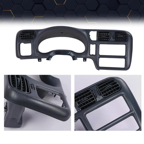 PIT66 dash bezel, dark gray, for single-DIN radios; compatible with 1998–2004 GM Blazer/Jimmy/Sonoma/S10/Bravada.
PIT66 dash bezel installed side view in dark gray with mounting edge for single-DIN radio.
PIT66 dash bezel close-up of vent openings and dark gray finish.