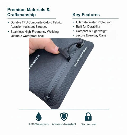 Close-up of Waterproof Minimalist Pouch For Outdoors Junkies, Airtight Zipper TPU Wallet For Cards, Keys, And Cables in black