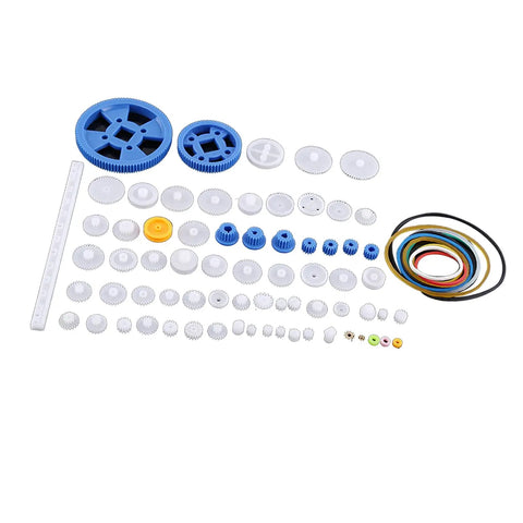 64 Kinds Plastic Gears, Pulleys, And Belts Kit For Robot Motors, Engineering Projects, And Model Making, assorted components display