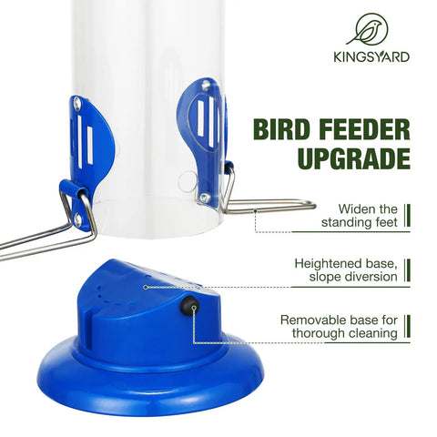 Outdoor Hanging Mealworm Tube Bird Feeder With Wide Perch Squirrel Chew Proof Easy Refill And Clean Metal Construction Great For Bluebirds Robins Wrens Chickadees All Season Backyard Birding with removable base and wide standing feet in blue.