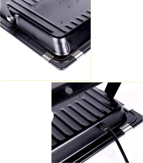 Led Flood Light, Ip66 Waterproof Super Bright Security Lights, Outdoor, showing bottom view with aluminum casing and power connection.