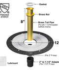 Freestanding Tub Drain Rough In Kit with 12 Inch Flange Base visible with brass pipe and adapters, gasket, lubricant, and CUPC certification.