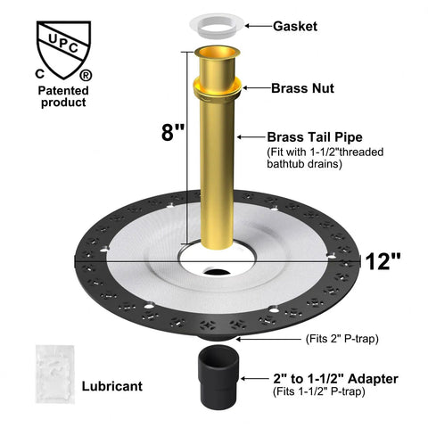 Freestanding Tub Drain Rough In Kit with 12 Inch Flange Base visible with brass pipe and adapters, gasket, lubricant, and CUPC certification.