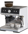 Heavy Hitter Espresso Machine With Built In Burr Grinder And Swift Milk Frother, 95 Oz Big Tank, 3 In 1 No Fuss Coffee Maker For Cappuccino Latte Top Shelf Silver with coffee beans and cups.