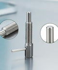 Heavy Duty Spring Indexing Plunger With Rugged L Handle For Snappy Manual Retraction showing M10X1.5 threaded carbon steel body.