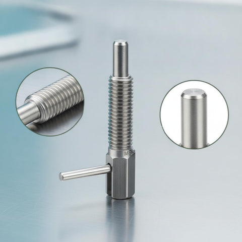 Heavy Duty Spring Indexing Plunger With Rugged L Handle For Snappy Manual Retraction showing M10X1.5 threaded carbon steel body.