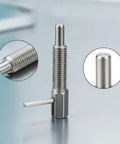 Top Shelf Steel Indexing Plunger Pin With L Grip Handle For Fast Clamping And Dead Tight Security On Custom Shop Jigs And Heavy Duty Workstations, M6 threaded design.