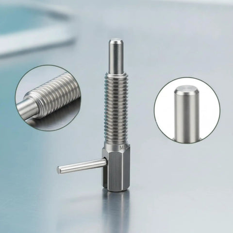 Top Shelf Steel Indexing Plunger Pin With L Grip Handle For Fast Clamping And Dead Tight Security On Custom Shop Jigs And Heavy Duty Workstations, M6 threaded design.