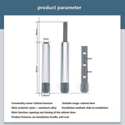 Dimensions of Push To Open Cabinet Latch Kit With Magnetic Door Catch And Drawer Closer, including nylon and aluminum alloy details.