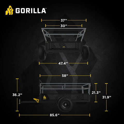 Dimensions of Heavy Duty ATV Trailer With 27.5 Cu Ft Bed, 1,400 Lb Load Capacity, Black Steel Utility Dump Cart.