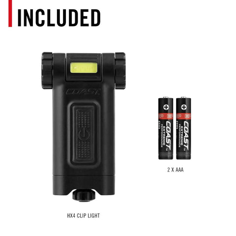 Magnetic LED Clip Light With Dual Color White And Red Beams, 80 Lumen, Beam Rotation, Anti Glare Red Signaling, shown with 2 AAA batteries