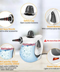 Kick Stubborn Grease To The Curb With Heavy Duty Handheld Steam Cleaner Featuring 1050W Fast Heat Up And 239 Degree Pressurized Hot Steam Alongside Twelve Versatile Household Cleaning Attachments For Zero Hassle Tidy Ups, showing safety cap, steam button, and water tank.