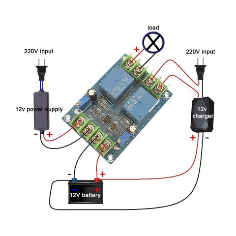 DC 12V 10A Automatic Power Switching Module For Emergency Power Supply And Charging wiring diagram with 12V battery, charger, load