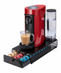 Black Metal Coffee Pod Drawer Organizer For Vertuo Nespresso Holds 30 Pods With Mesh Shelves, supports coffee machine on top.