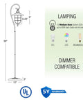 Illustration of 58 Inch Industrial Nautical Floor Lamp With Hanging Cage Shade, Brushed Pewter Finish, dimensions and lamping details.