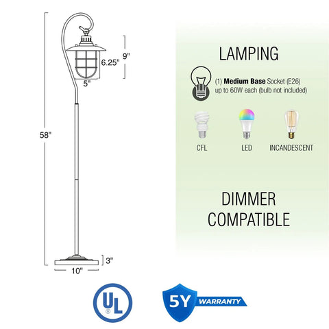 Illustration of 58 Inch Industrial Nautical Floor Lamp With Hanging Cage Shade, Brushed Pewter Finish, dimensions and lamping details.